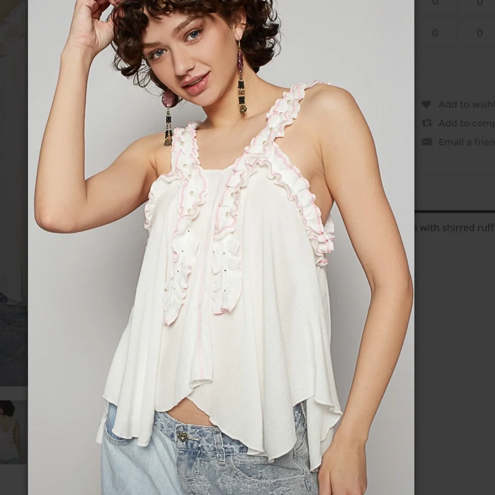 🆕 POL White and Pink Ruffle Tank Top with Pearl Accents. L. NWT!💥 - Picture 2 of 5